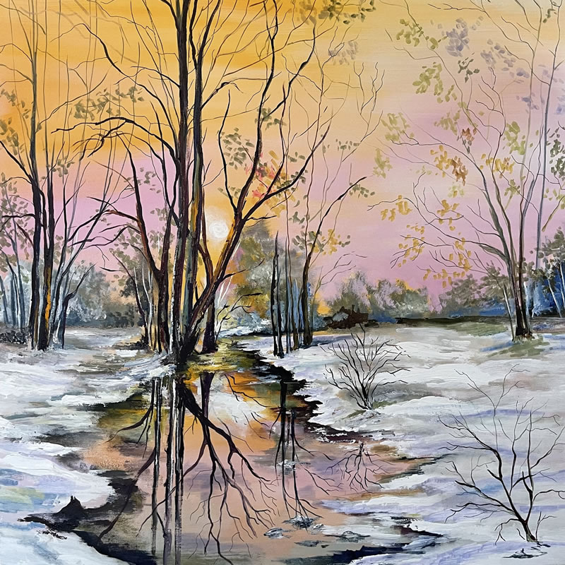 Reflections-on-the-edge-of-a-snowy-woodland-Product-Landscapes-Painting-Saba-Farrukh